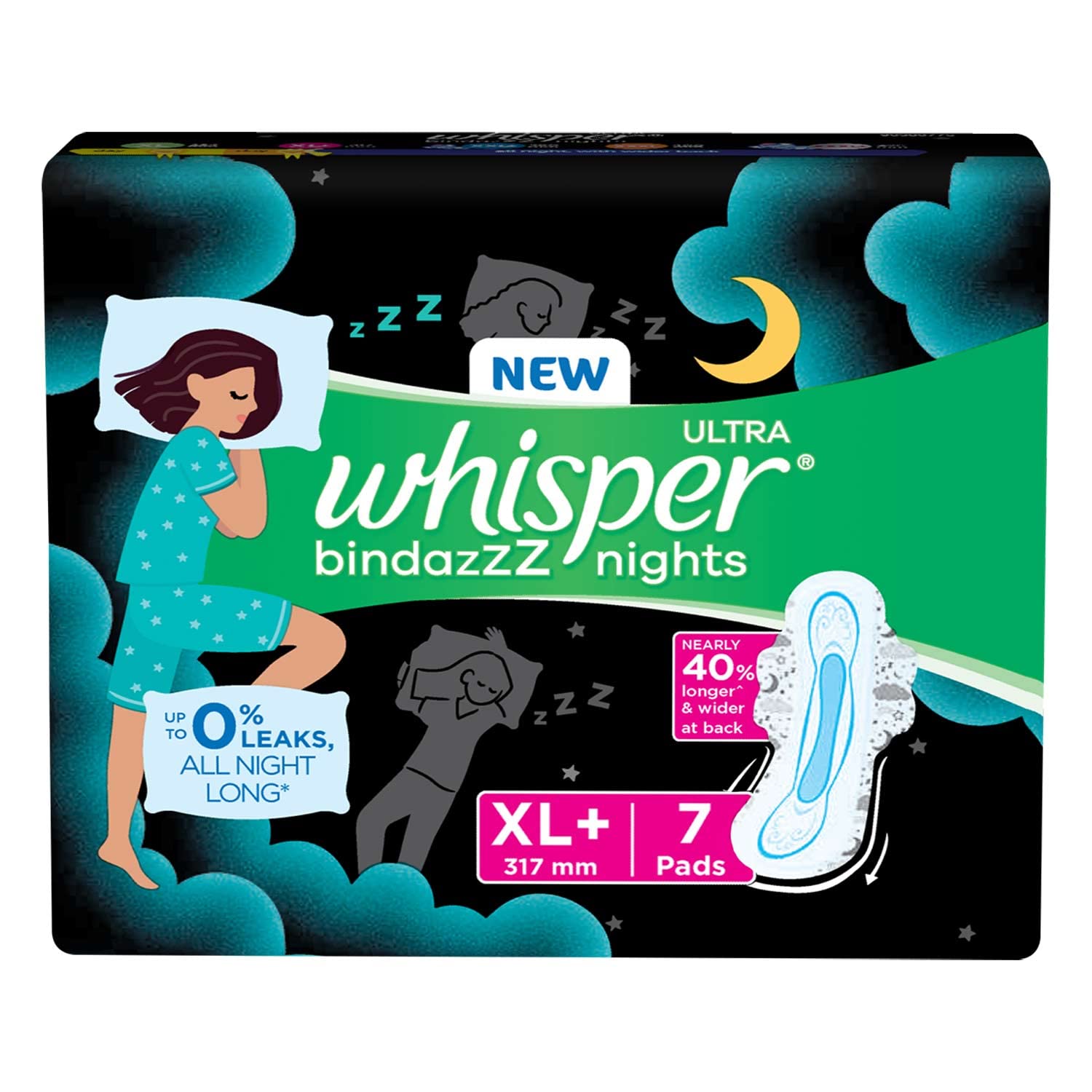 Whisper Bindazzz Nights Pads For Women, XL +,  7 pads